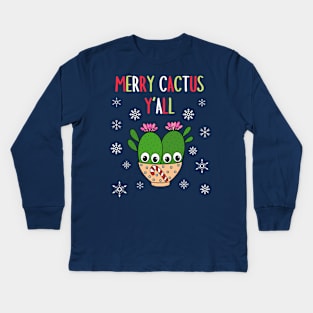 Merry Cactus Y'all - Cacti Couple In Christmas Candy Cane Bowl Kids Long Sleeve T-Shirt